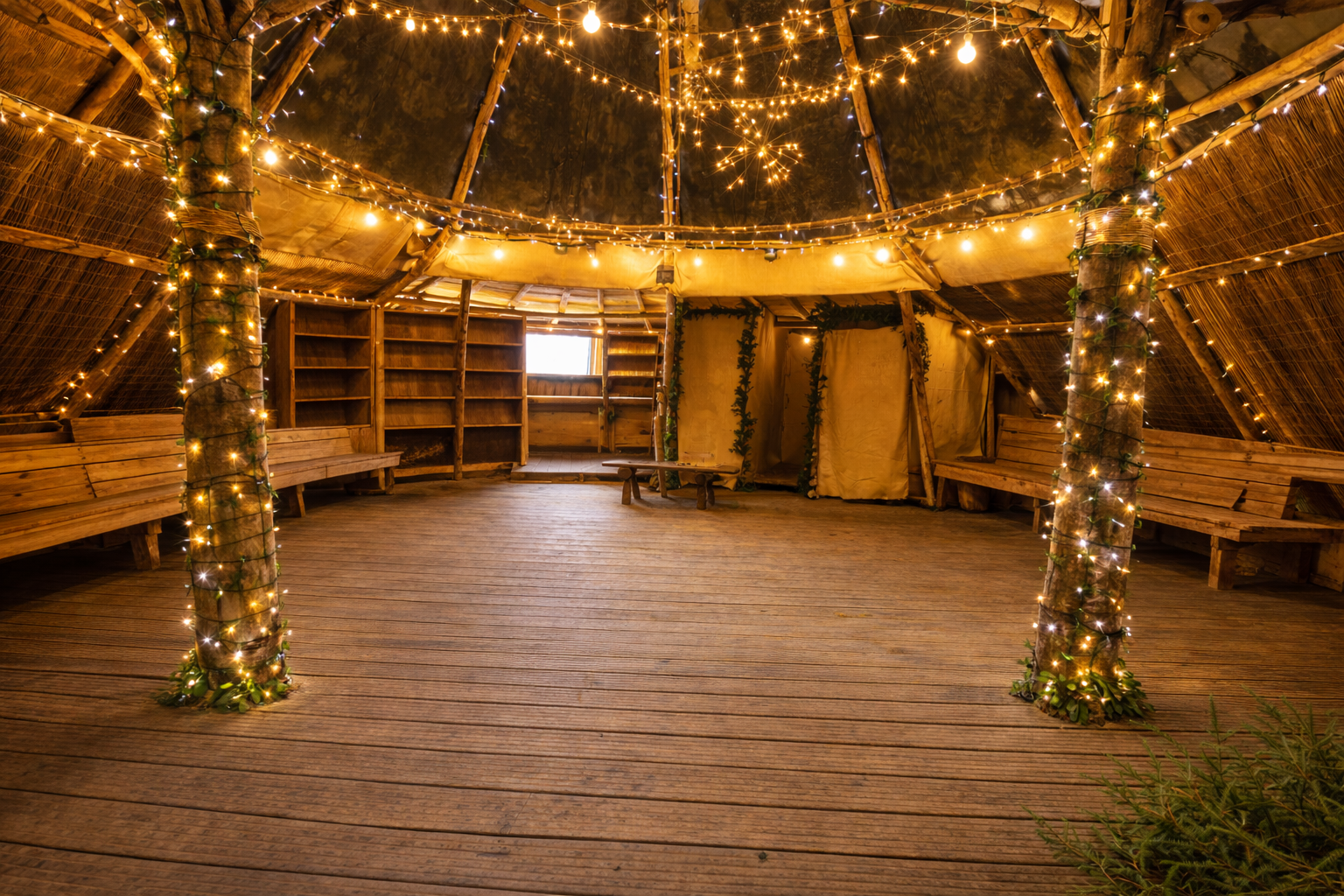 Rustic indoor community space at Hobbledown Epsom with wooden floor, circular seating benches and warm decorative lighting.
