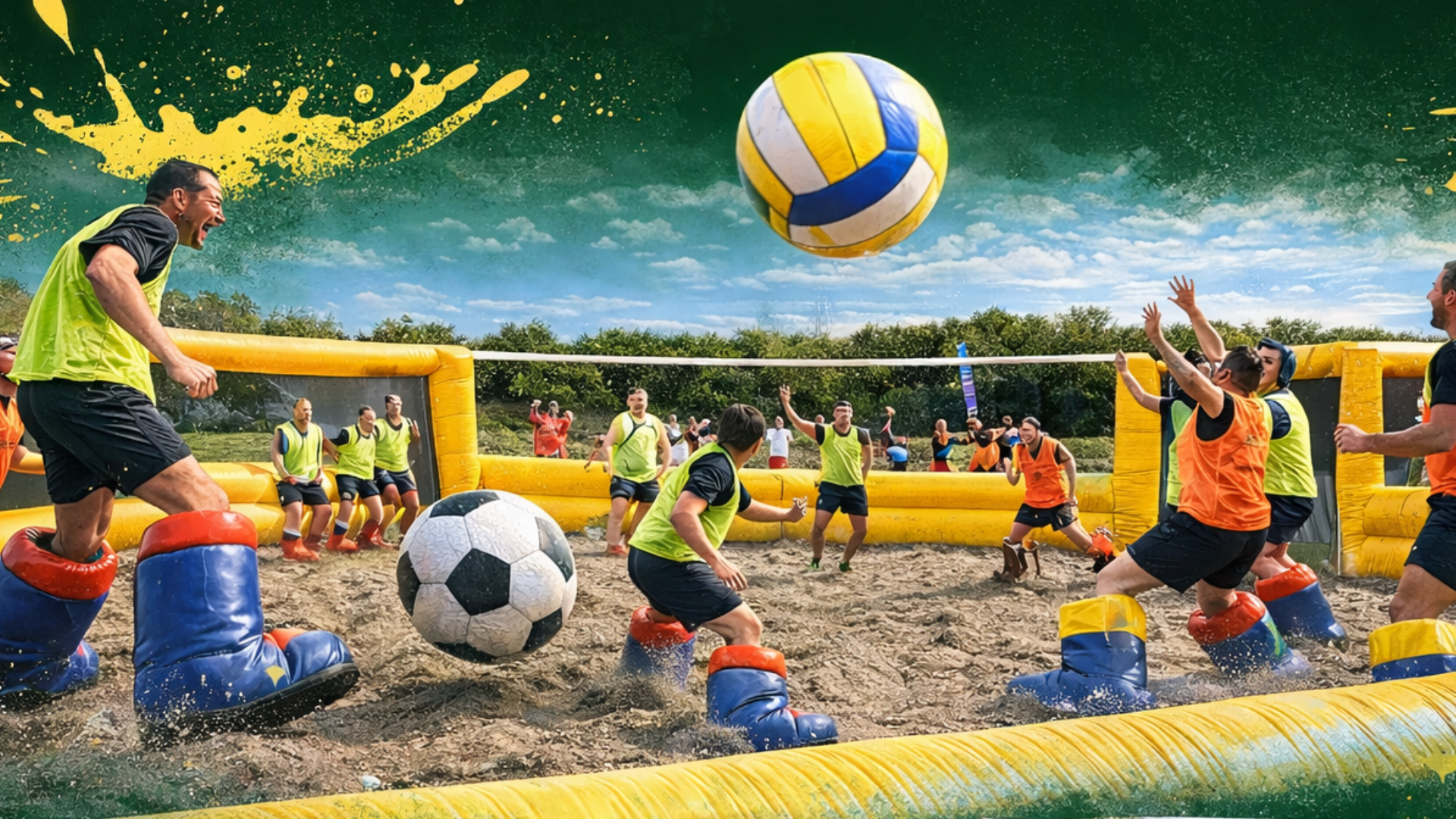 Players competing in giant boots games at the Mega Games Arena Party at Gripped London.