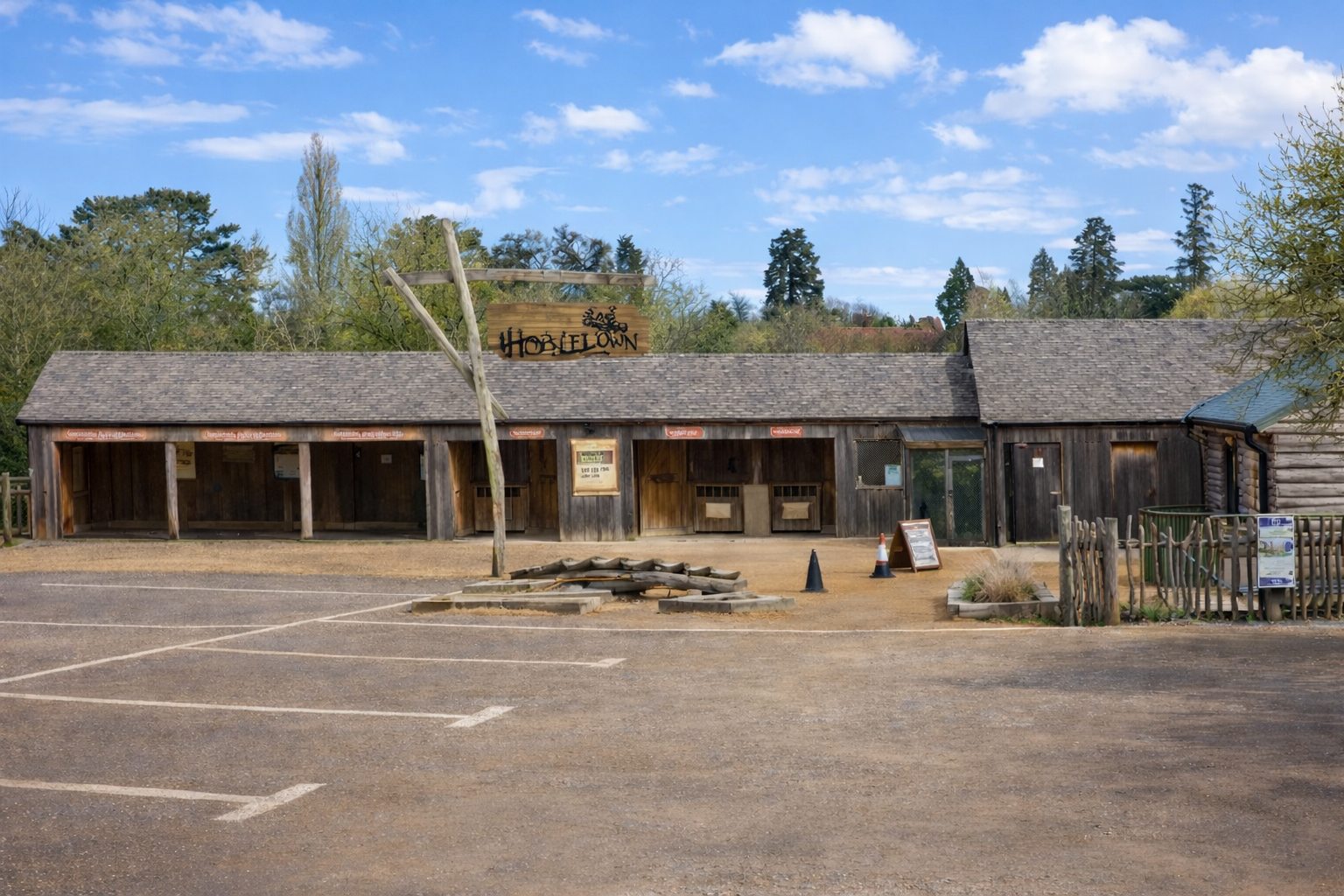 Front entrance of Hobbledown Epsom with on-site parking spaces available for visitors attending community space hire and local group meetings.