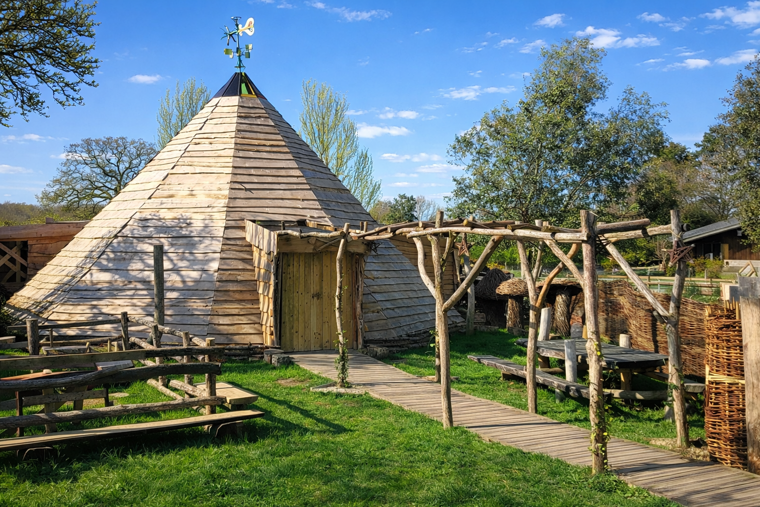 Outdoor community gathering space at Hobbledown Epsom with wooden seating, pergola walkway and rustic roundhouse building for local group events.
