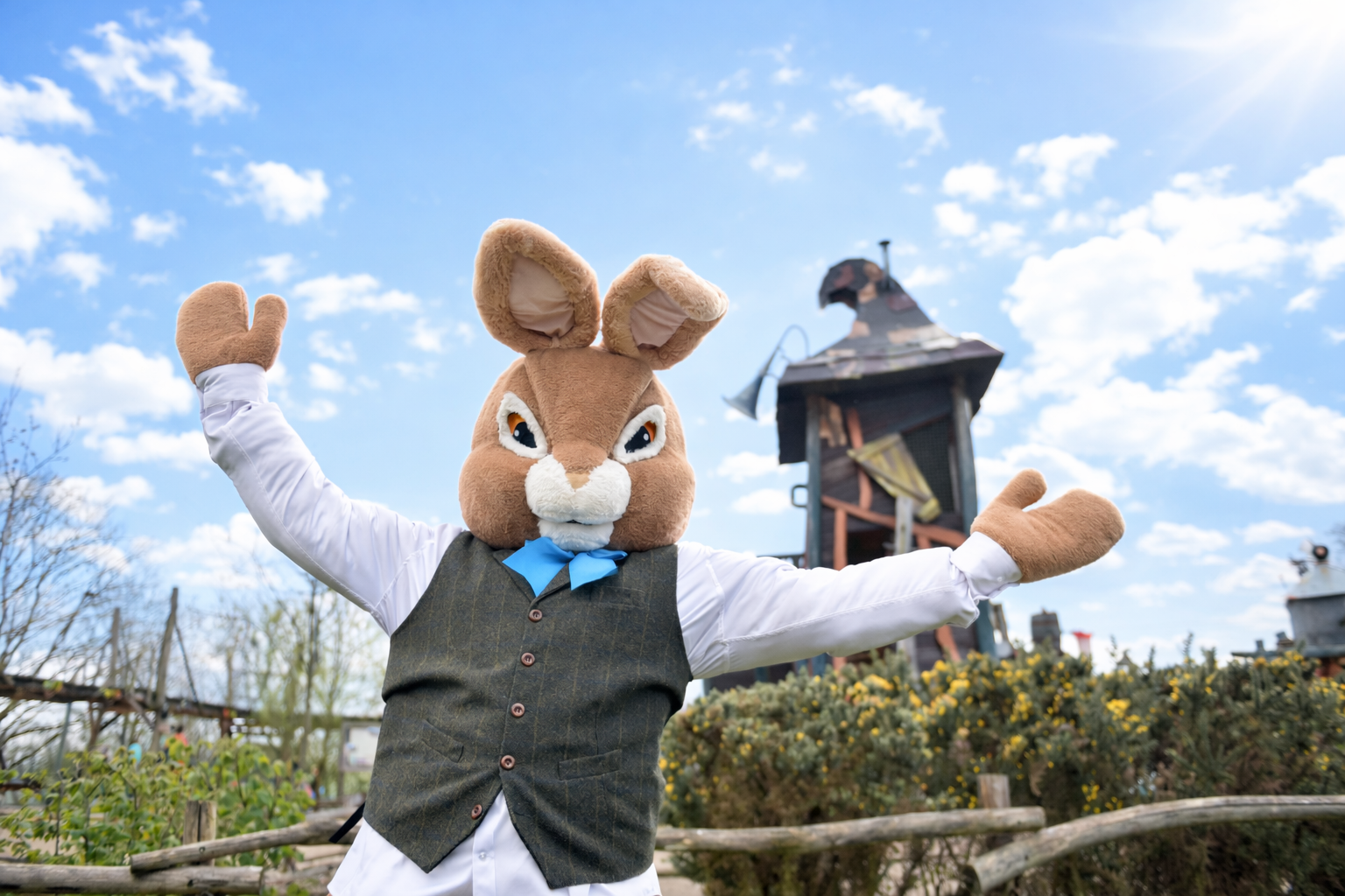 Easter Bunny character welcoming families at Hobbledown Heath Easter event in West London