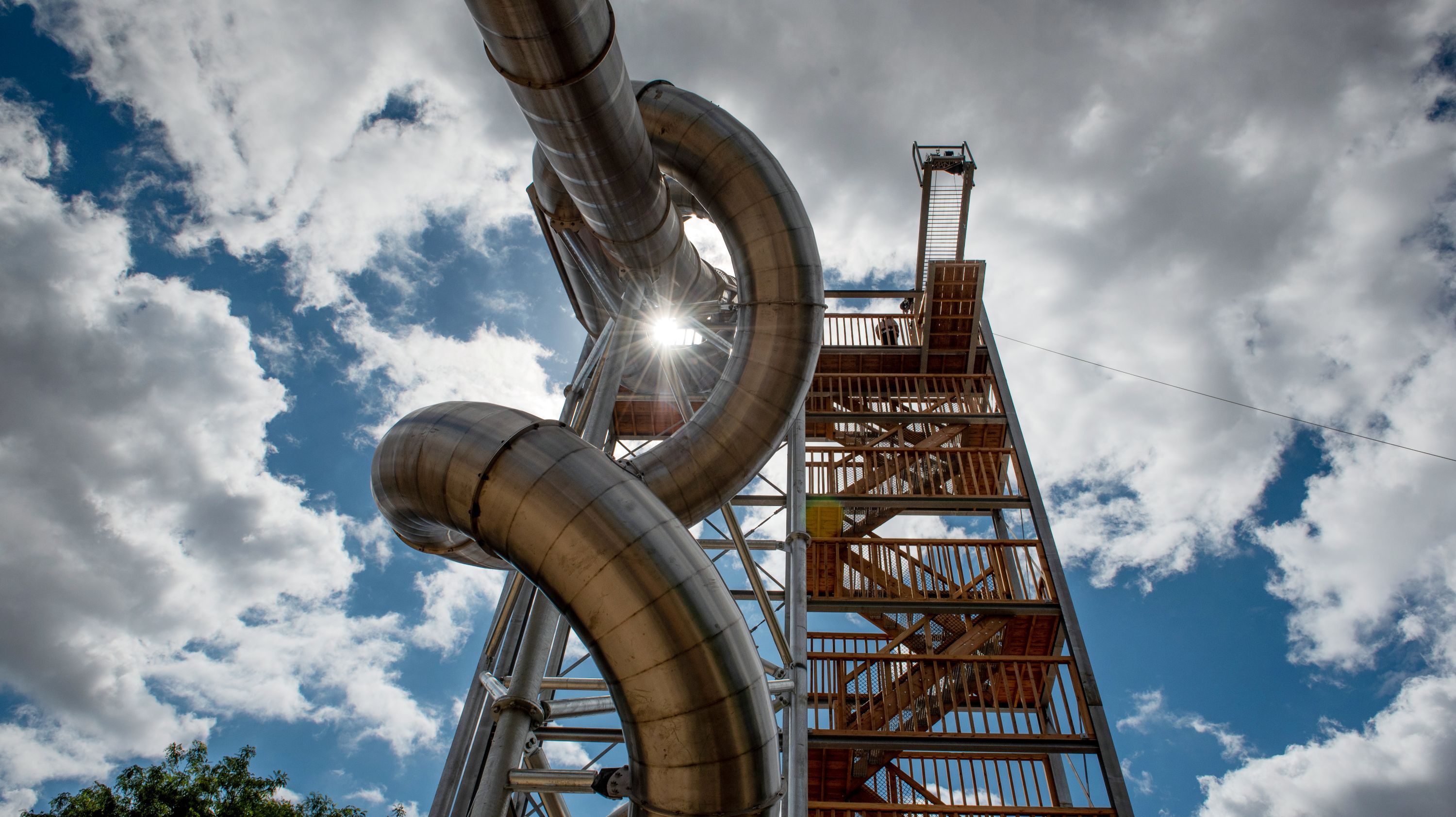 The 20-metre speed slides at Gripped aerial adventure park, Hounslow — West London's outdoor zip line and high ropes venue.