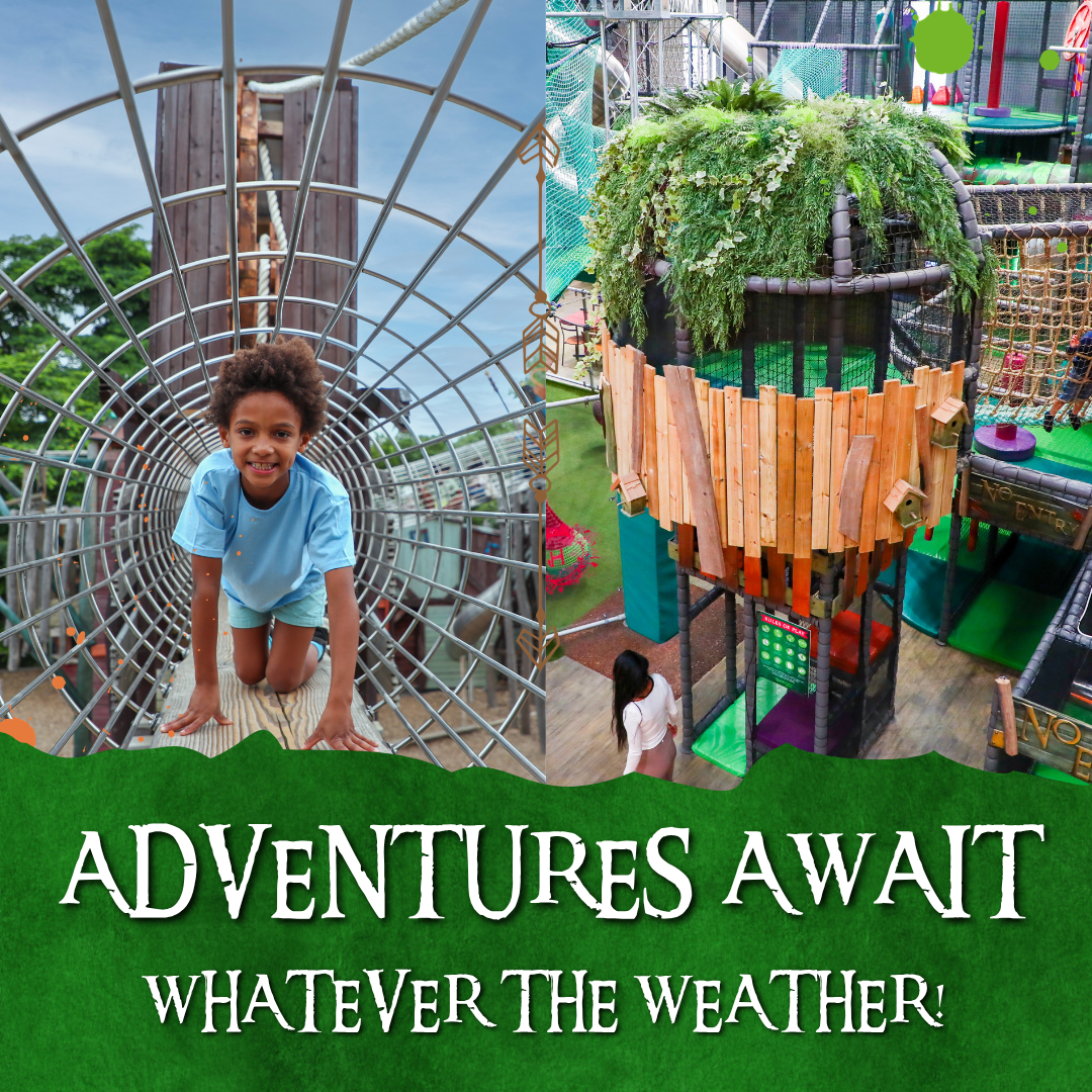 Child playing on outdoor climbing net and indoor soft play area at Hobbledown Epsom, a family day out with indoor and outdoor adventures.