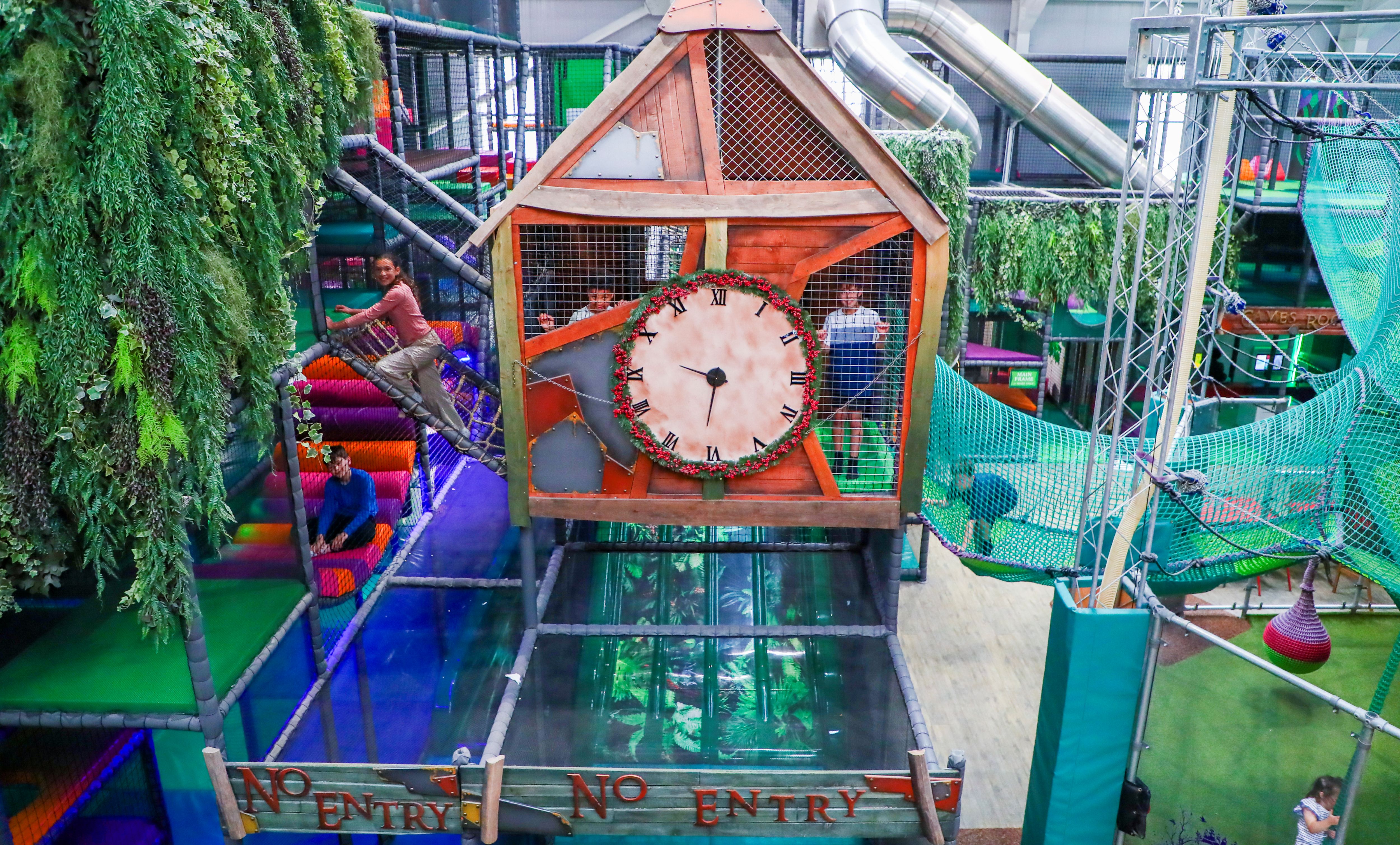 Aerial view of indoor play area in Hounslow showing large soft play and climbing zones
