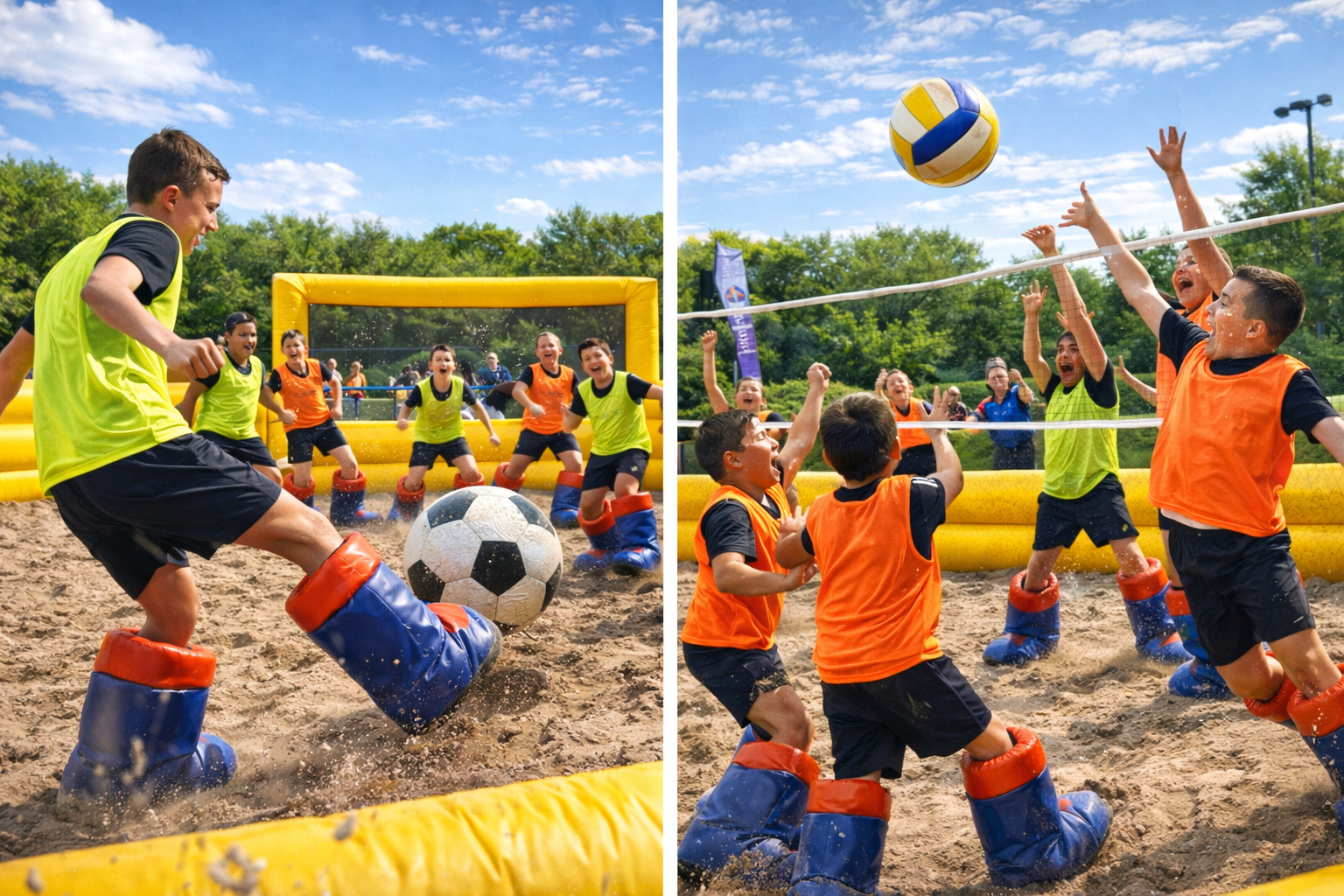 Children playing giant boots football and volleyball in the Mega Games Arena during a birthday party at Gripped London.