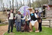 Easter characters and Easter Bunny celebrating with giant decorated egg at Hobbledown Heath Easter event